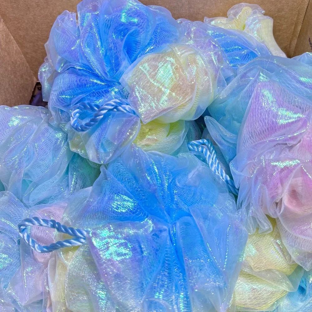 Iridescent Blue/Yellow/Pink Mesh Luffa Sponges. Set of 10 Brand new very clean